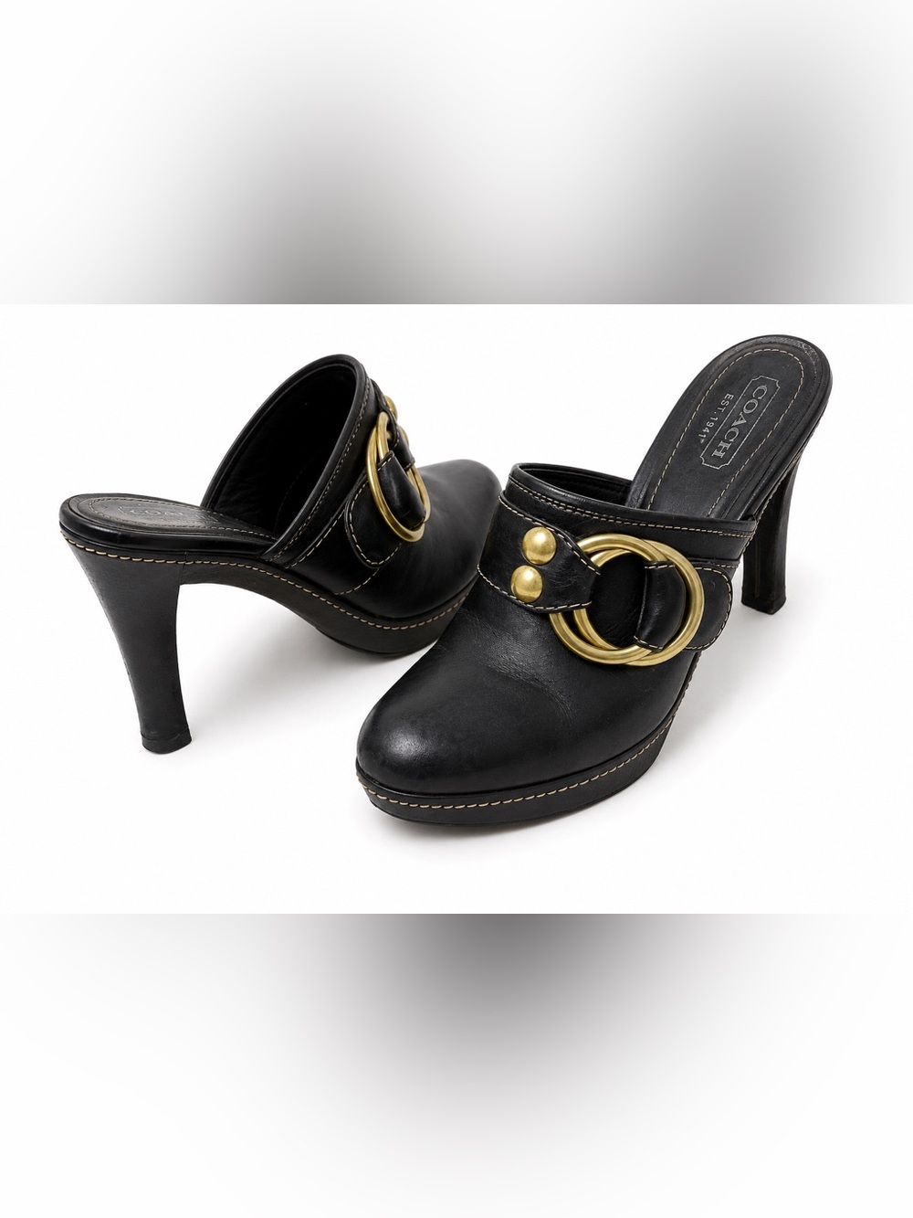 Coach Black Leather Platform Mules Gold Hardware Y2K Chunky Heels Sz 7